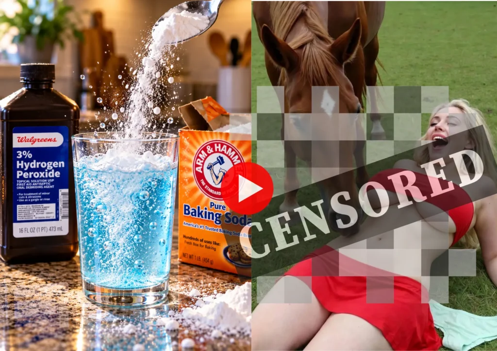 Preparation of the Horse Baking Soda Solution method with baking soda and blue liquid, presented as part of the Horse Soda Trick.